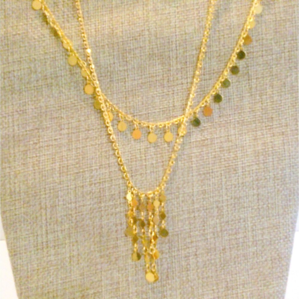 After Thoughts Delicate Two Strand Shimmering Golden Disc Necklace